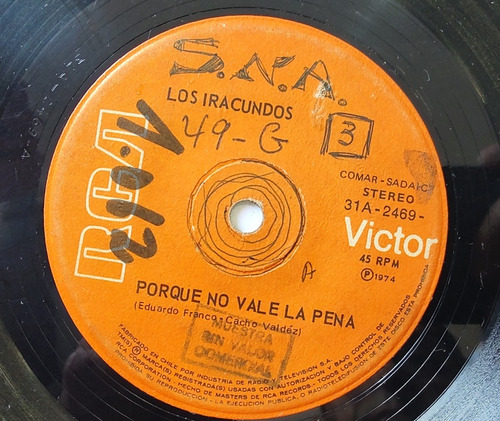 Vinilo Single De Los Iracundos Porque No Vale La Pena 