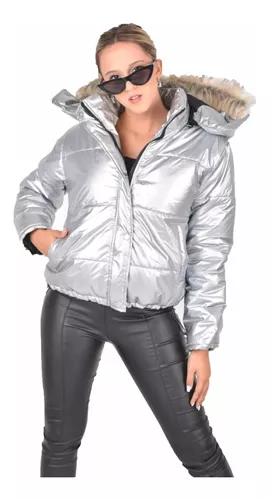 Campera Puffer Mujer Metalizado Plateado Capucha Abrigo | Ashira Clothing
