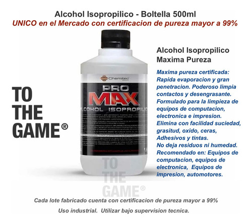 Imagen 2 de 2 de Alcohol Isopropilico 500ml Maxima Pureza Certificada 99%