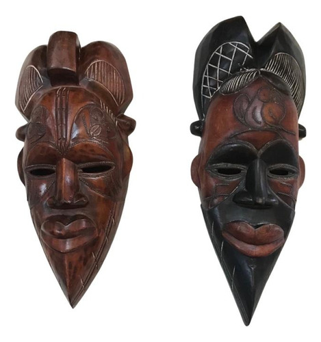 Conjunto 2 Máscaras Africanas Tikar Em Madeira Decorativa