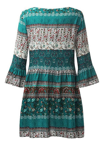 Vestido De Mujer Estampado Floral Mangas Tres Cuartos Boho