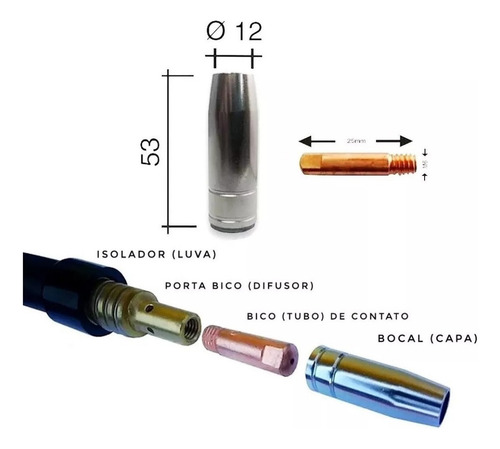 Bico Difusor Bocal Tocha Solda Mig 0.8mm 130 V8 15ak S/ Gás