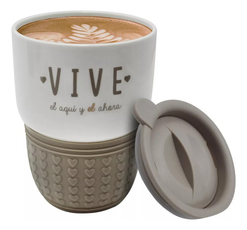 Vaso Termo Para Cafe Con Tapa Porcelana Diseño Frases 300ml Color VIVE