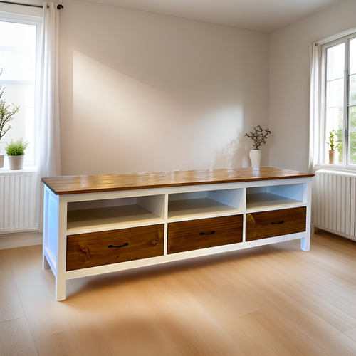 Mesa Rack De Tv Madera Pintada Con Cajones Y Estantes Marrón