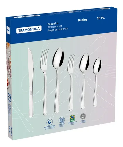 Embalagem do faqueiro Tramontina Búzios com 36 peças exibindo os talheres em destaque