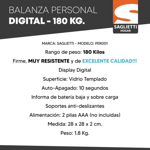 Imagen 3 de 6 de Balanza Personal De Baño Digital 180 Kilos Vidrio Saglietti