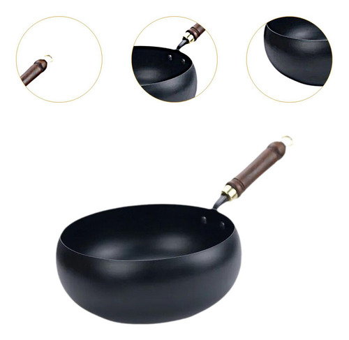 . Olla De Hierro Wok Con Fondo Redondo, Cubierta De Madera