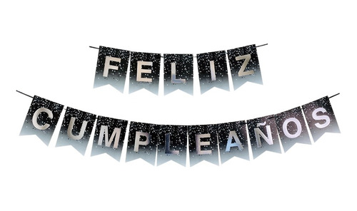 Guirnalda Banderin Feliz Cumple Negro Confetti Letras Plata