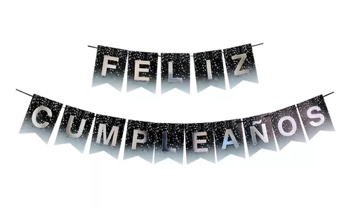 Guirnalda Banderín Feliz Cumpleaños Letras Plateadas Guirnaldas y  Color Negro