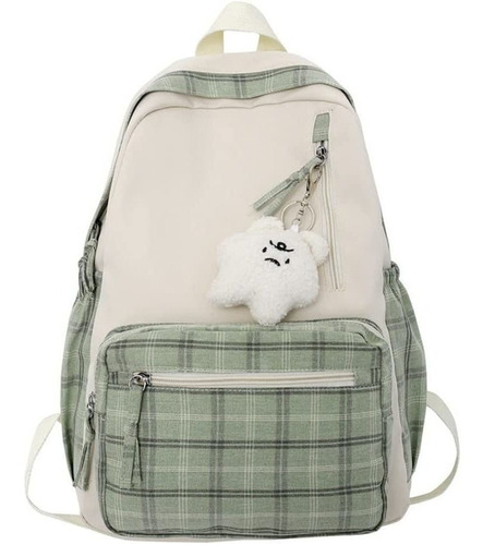 Mochila Escolar Kawaii Cuadrille Con Colgante Verde Salvia