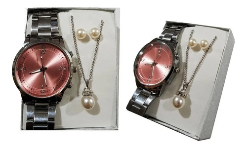 Relógio Feminino Dourado + Kit Colar E Brinco Foliado + Caix