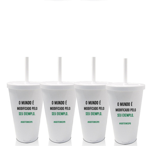 Kit 4 Copos Com Tampa E Canudo Branco Exemplo Verde