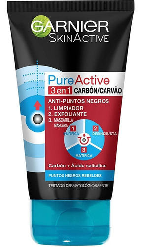 Garnier Pure Active Gel Limpiador 3 En 1 Con Carbon 150ml