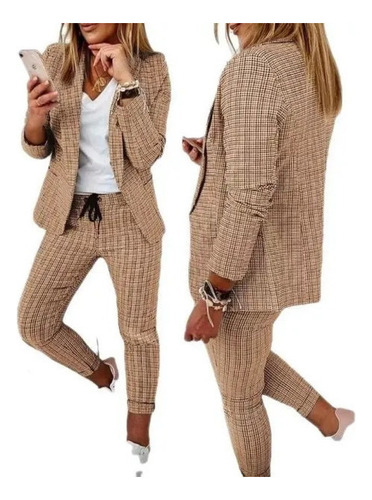 Conjunto De Pantalones Largos Estampado Cuadros Blazer Mujer