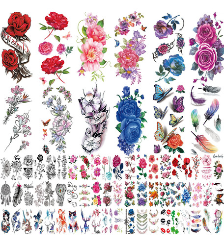 42 Hojas De Tatuajes Temporales De Flores, Rosas, Mariposas