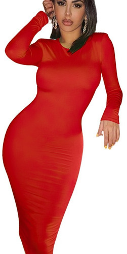 Vestido Largo/rodilla Ajustado Manga Larga Elegante Rojo | Meses sin  intereses