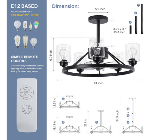 Ventilador De Techo Negro Moderno 7 Aspas Luces Y Control