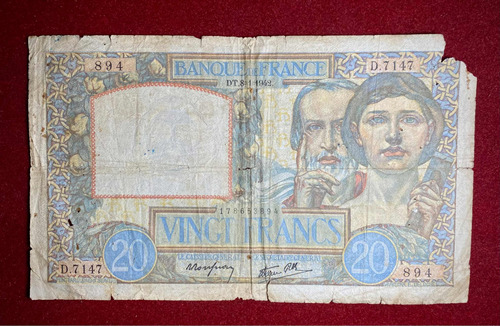 Billete 20 Francos Francia 1942 Pick 92 C