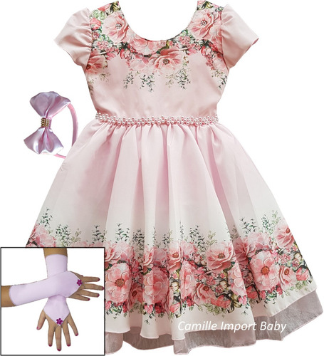 Vestido Infantil Floral Daminha Aniversário Realeza E Luvas