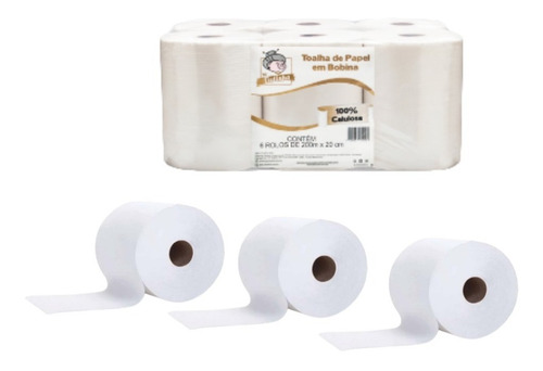 Papel Toalha Bobina 100% Celulose 6 Rolos De 200 Metros