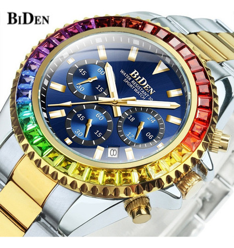 Reloj De Cuarzo De Lujo Con Diamantes Biden 0163-1 Para Homb Color del fondo Gold blue among colored diamonds