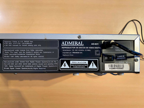 Dvd Admiral Modelo Ad-631. Plateado. Funciona Perfecto
