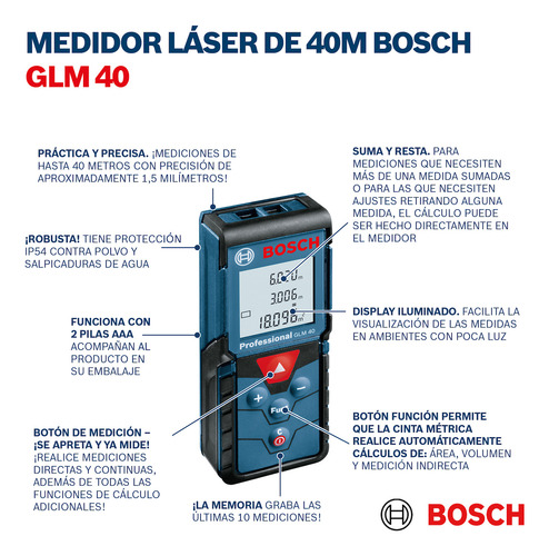 Medidor Láser Bosch Glm 40 Alcance 40m Con Estuche