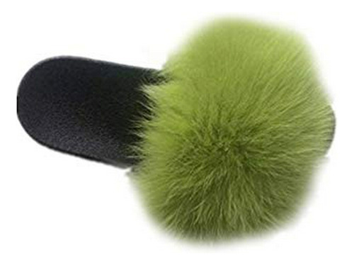 Lvcomeff Women Real Fox Fur Sandals Slides Lime Green Rose R