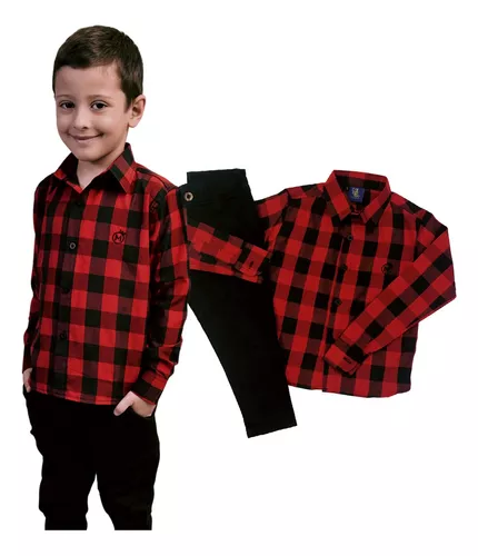 Camisa Xadrez com Camiseta e Calça Jeans Preta Infantil