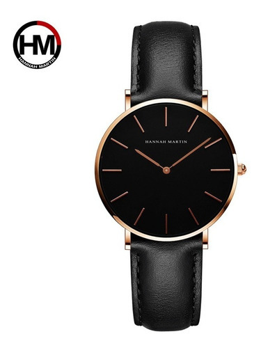 Reloj Impermeable Para Mujer Hannah Martin Color De La Correa Negro Color Del Bisel Rose Gold