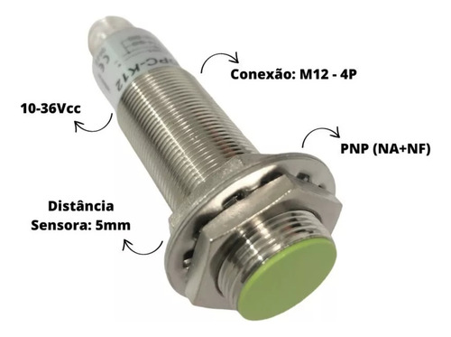 Sensor Cilíndrico Indutivo M18 Pnp I18-5-dpc-k12 Conexão M12