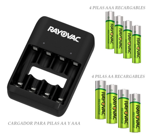 Cargador Pilas Rayovac Con Baterias Recargables 4 Aa + 4 Aaa