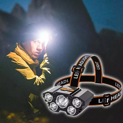 Lampara Led Tipo Minero De 5 Leds Con Baterias Recargables Linterna Negro Luz Blanco