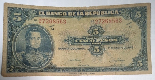 Billete De 5 Pesos Año 1945, Estado Bueno 6