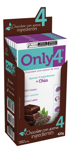 Chocolate 70% Cacau Chia Zero Açúcar Sem Glúten Only4 Vegano