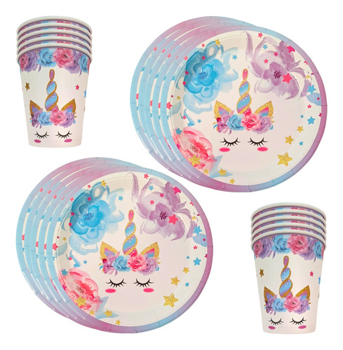 Pack Plato Y Vaso Unicornio 20u