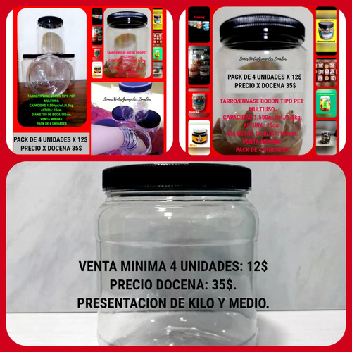 Envases Plásticos 1.5kg/1500gr/ml.tipo Pet Pack X 4 Unidades