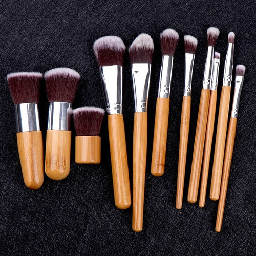 Imagen 6 de 9 de Set 11 Brochas Pinceles Maquillaje Bambú Con Bolsa Algodón