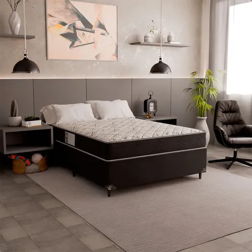 Cama Box Casal + Colchão D33 One Face - Suede Preto Cor Couro  Preto