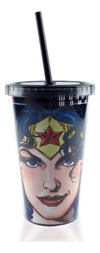 Copo Tampa Canudo Mulher Maravilha Expressive Face Dc Comics Cor Estampado