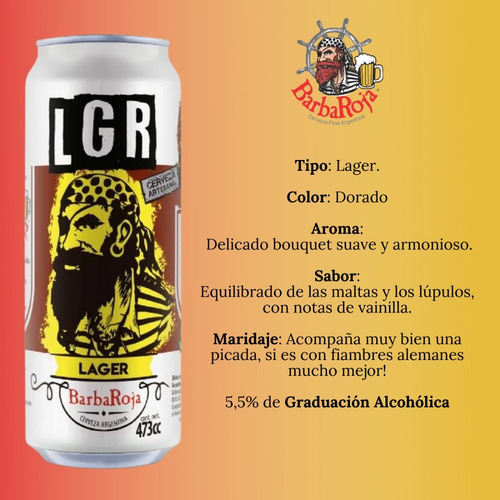Imagen 2 de 10 de Cerveza Artesanal Barba Roja Lager 473ml. Lata