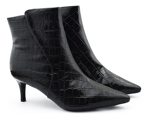 Botas Mujer Taco Aguja Punta Fina Charol Croco Negras