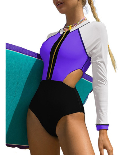 Traje De Baño De Surf Una Pieza Manga Larga Bloques De Color