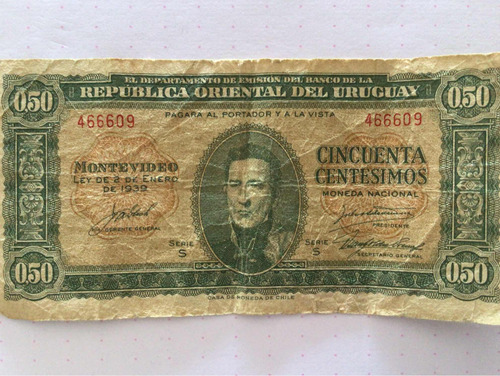 Billete Pagaré Cincuenta Centésimos Uruguay 1939