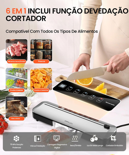 Seladora A Vácuo 6 Em 1 75kpa Com Cortador E 10 Sacos 127v