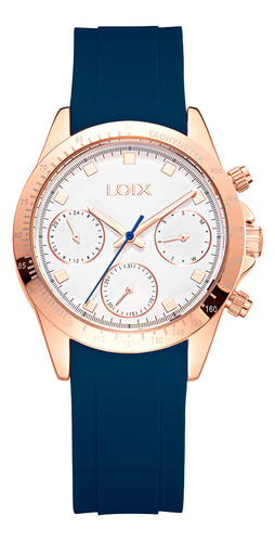 Reloj Loix Mujer L1244-2 Azul Con Oro Rosa, Tablero Blanco