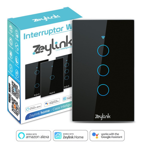 Interruptor Wifi Negro Sin Neutro 3 Canal Pared Alexa Google