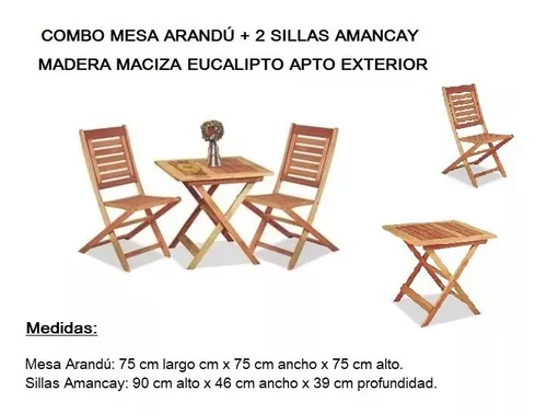 Combo Mesa Madera Eucalipto + 2 Sillas Plegables Jardin Patio Exterior