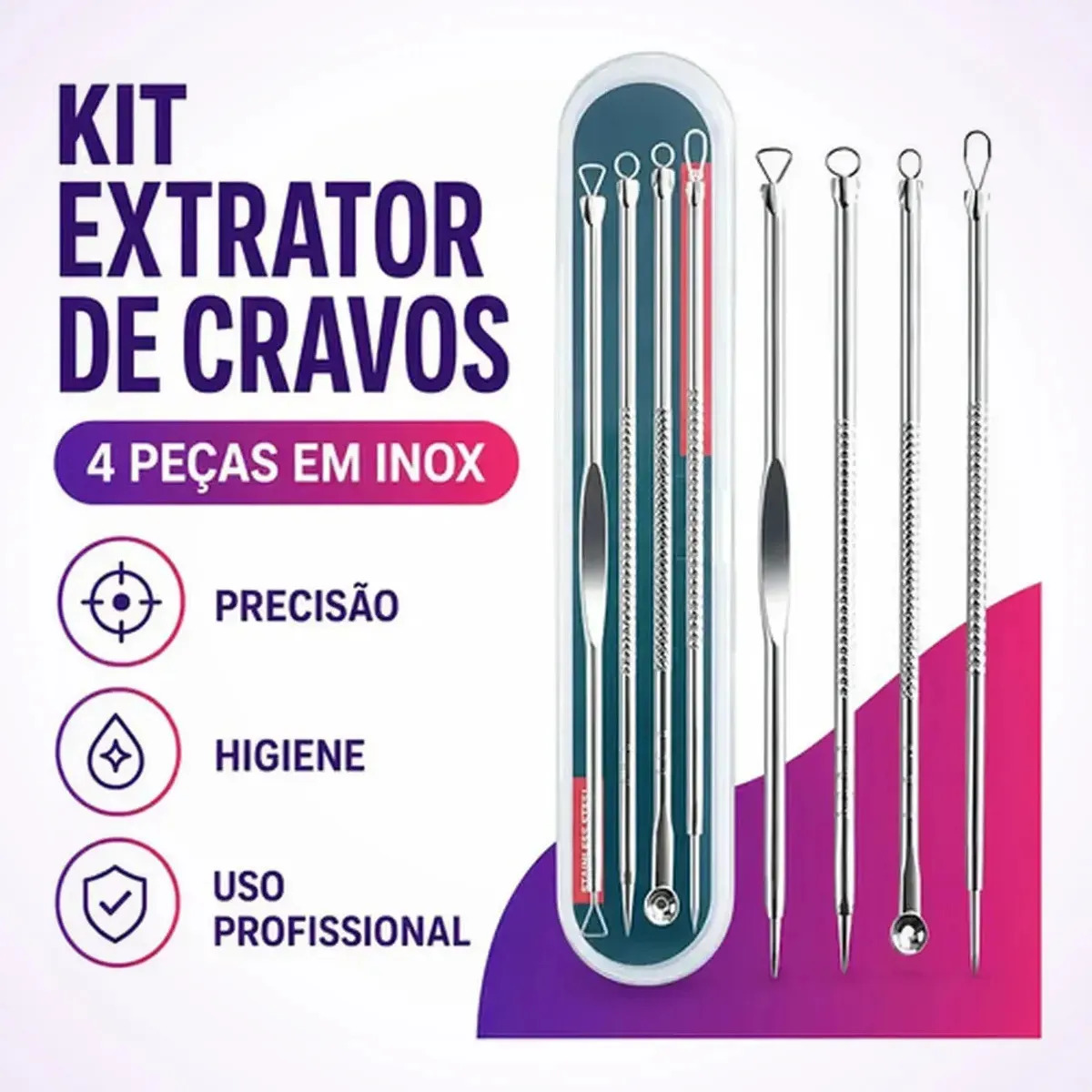 Cureta de Metal BMED para Acne Aço Inoxidável Kit 4 Extrator Espinha Cravos