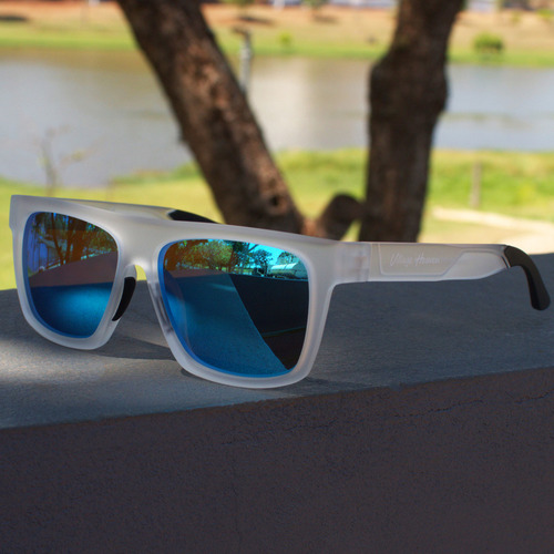 Óculos De Sol Masculino Polarizado Tr90 Resistente Haste Branco Lente Azul